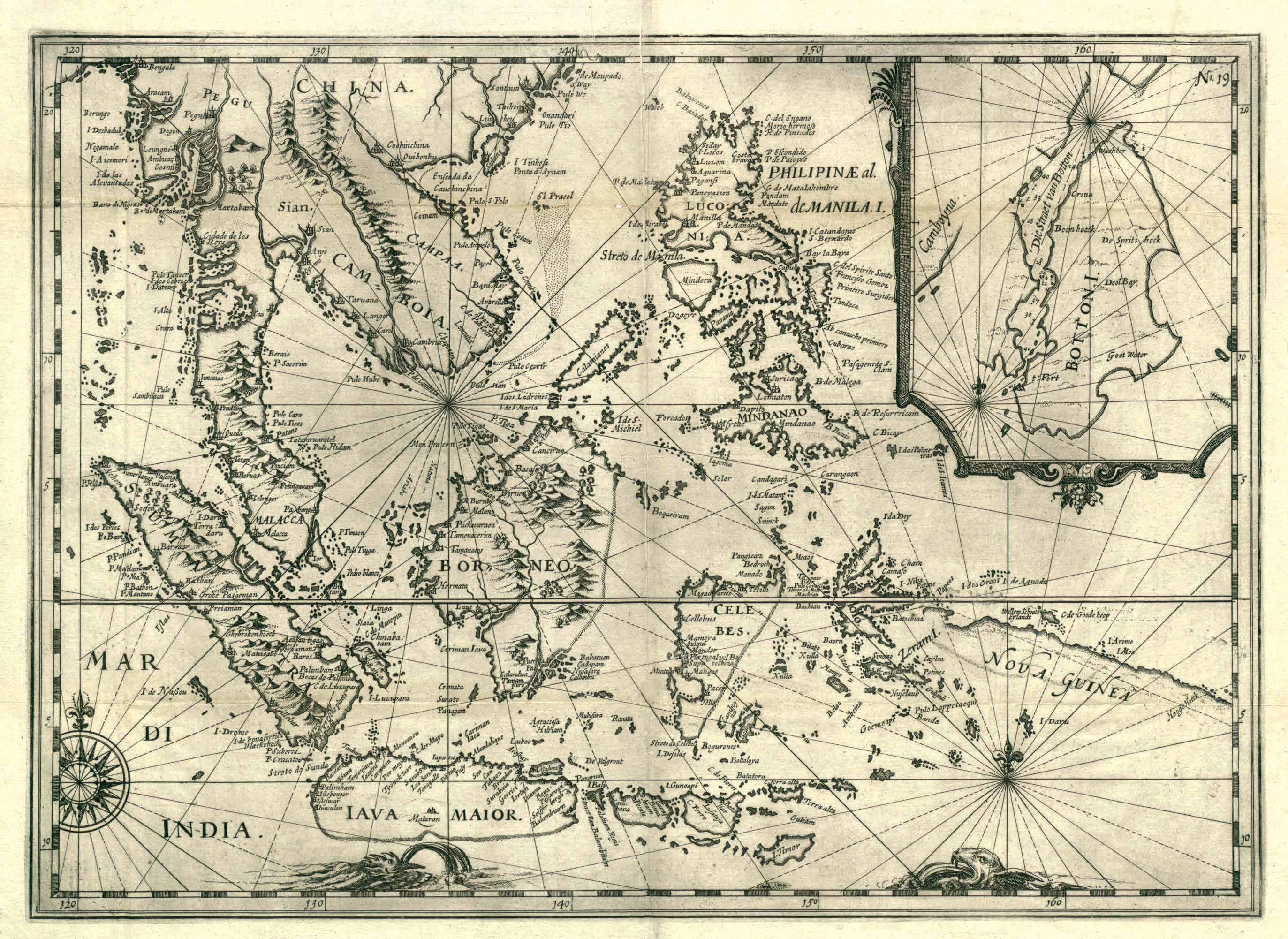 A map of Southeast Asia. Image reproduced from Commelin, I. (ed.) (1646). Begin ende voortgangh, van de vereenighde Nederlantsche Geoctroyeerde Oost-Indische Compagnie. Amsterdam.